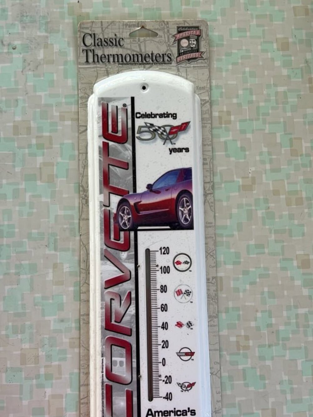 Corvette Celebrating 50 Years 17" x 5" Decorative Wall Thermometer - NEW still i